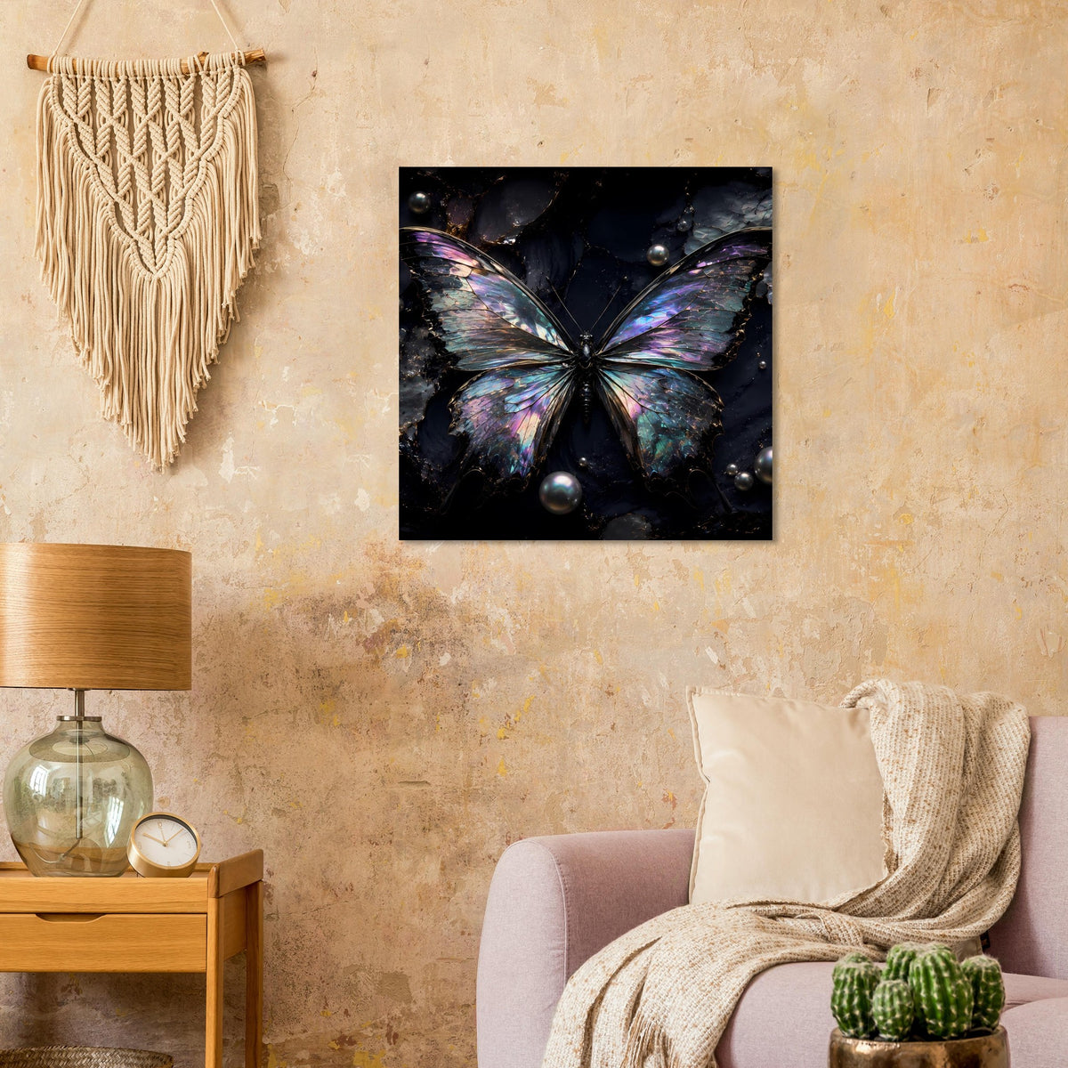 Quadratisches Poster mit schillerndem Schmetterling und Perlen-Details auf dunklem Hintergrund