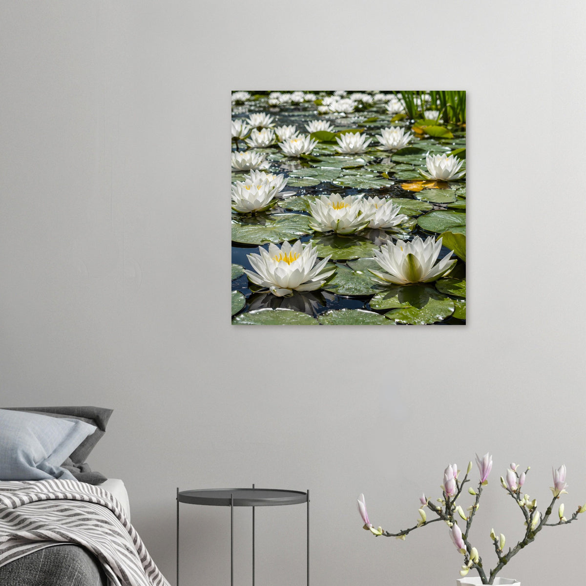 Kleines Poster im Querformat mit weißen Seerosen auf Wasser und grünen Blättern