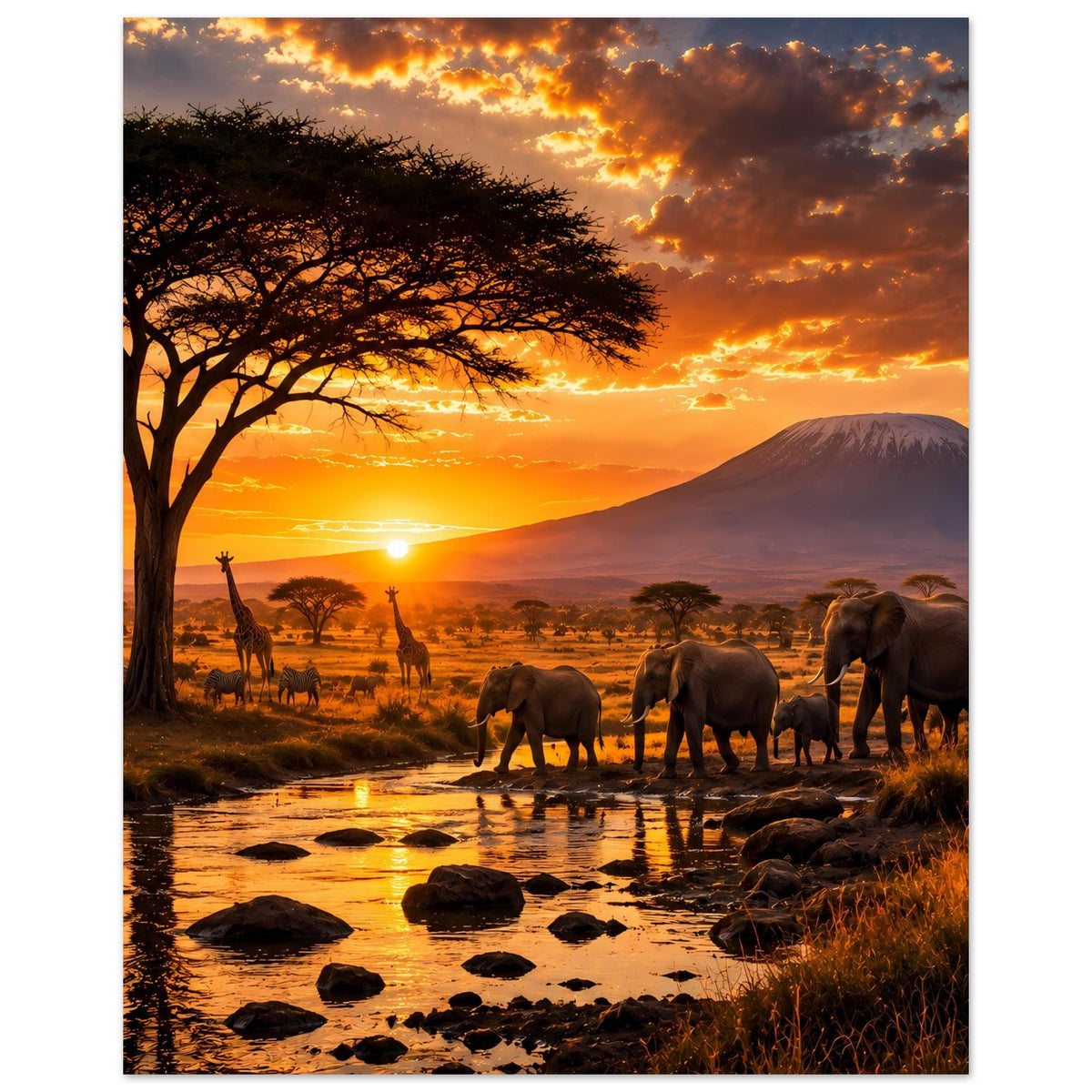 Safari-Poster mit Elefanten am Bach, Akazienbaum und Sonnenuntergang über der Savanne