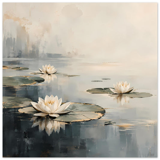 Poster mit Seerosen auf ruhigem Wasser, cremefarbene Blüten, blaugrau spiegelnde Flächen