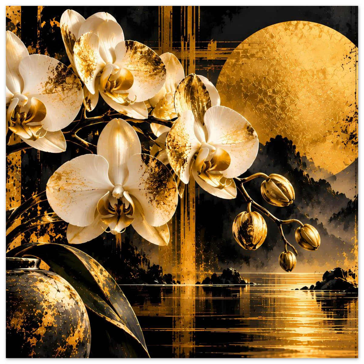 Poster mit Orchideen, goldenen Kugeln, gelber Mondscheibe und Wasserspiegel