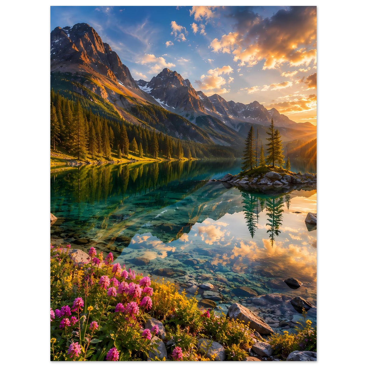 Vertikales Poster mit Alpenlandschaft bei Abendlicht, See-Reflexion, Berge und Nadelbaum