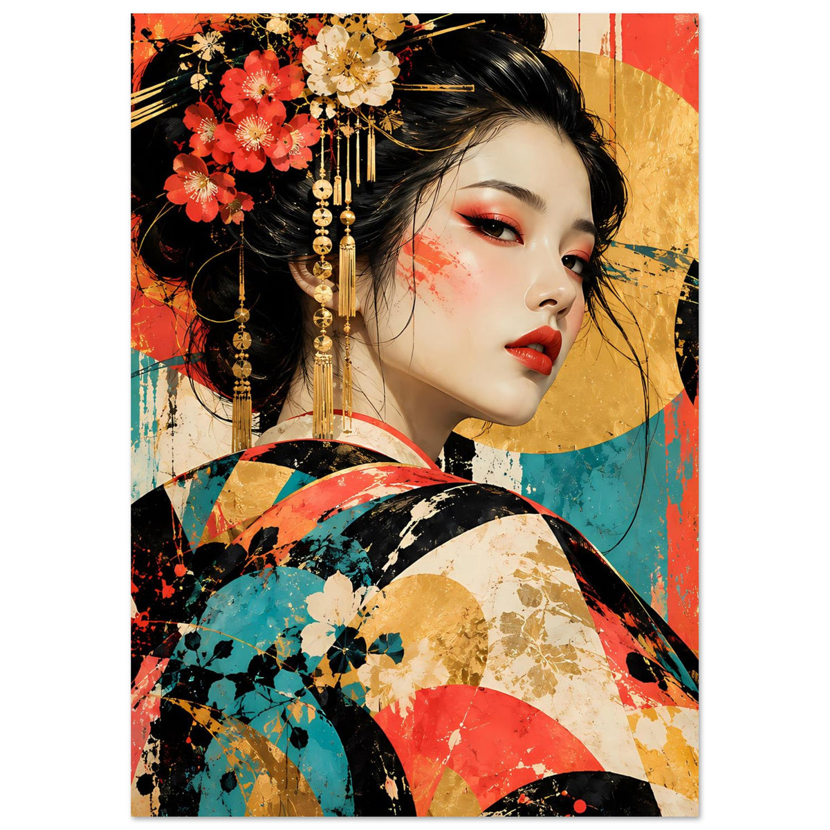 Kunstdruck Geisha: Nahansicht Gesicht und Haar mit goldenen Schmuckanhängern, Kimono