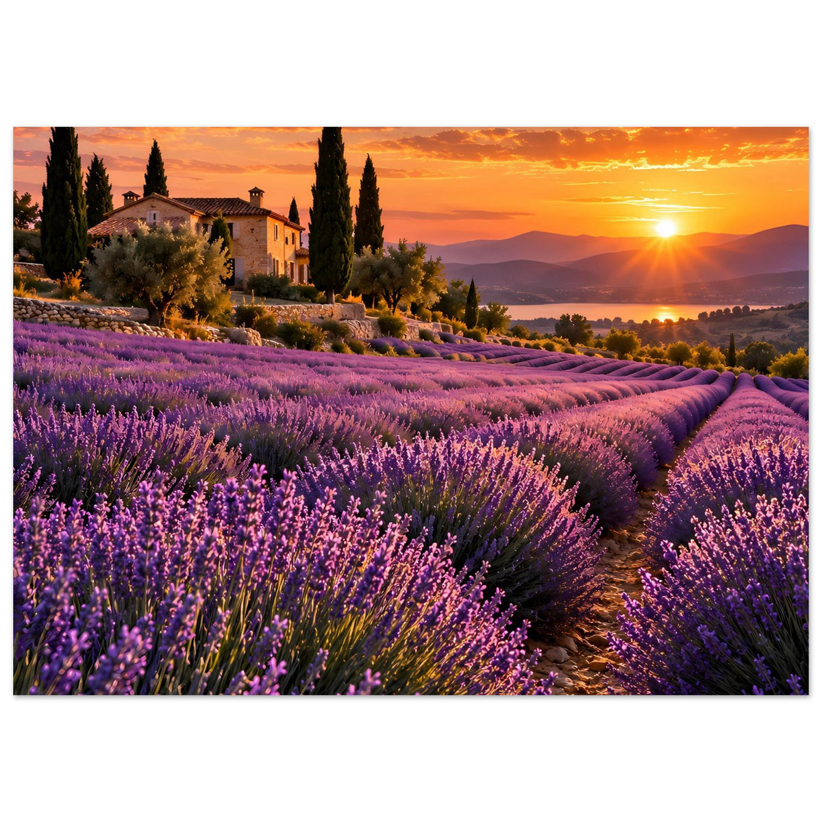 Horizontales Poster mit violetten Lavendelpflanzen, Landhaus und goldenem Abendhimmel