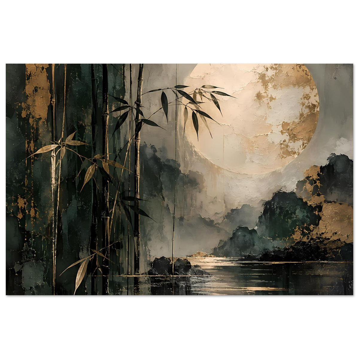 Naturposter in Dunkelgrün mit goldenen Spritzern: Bambus, Mond und düsterer See