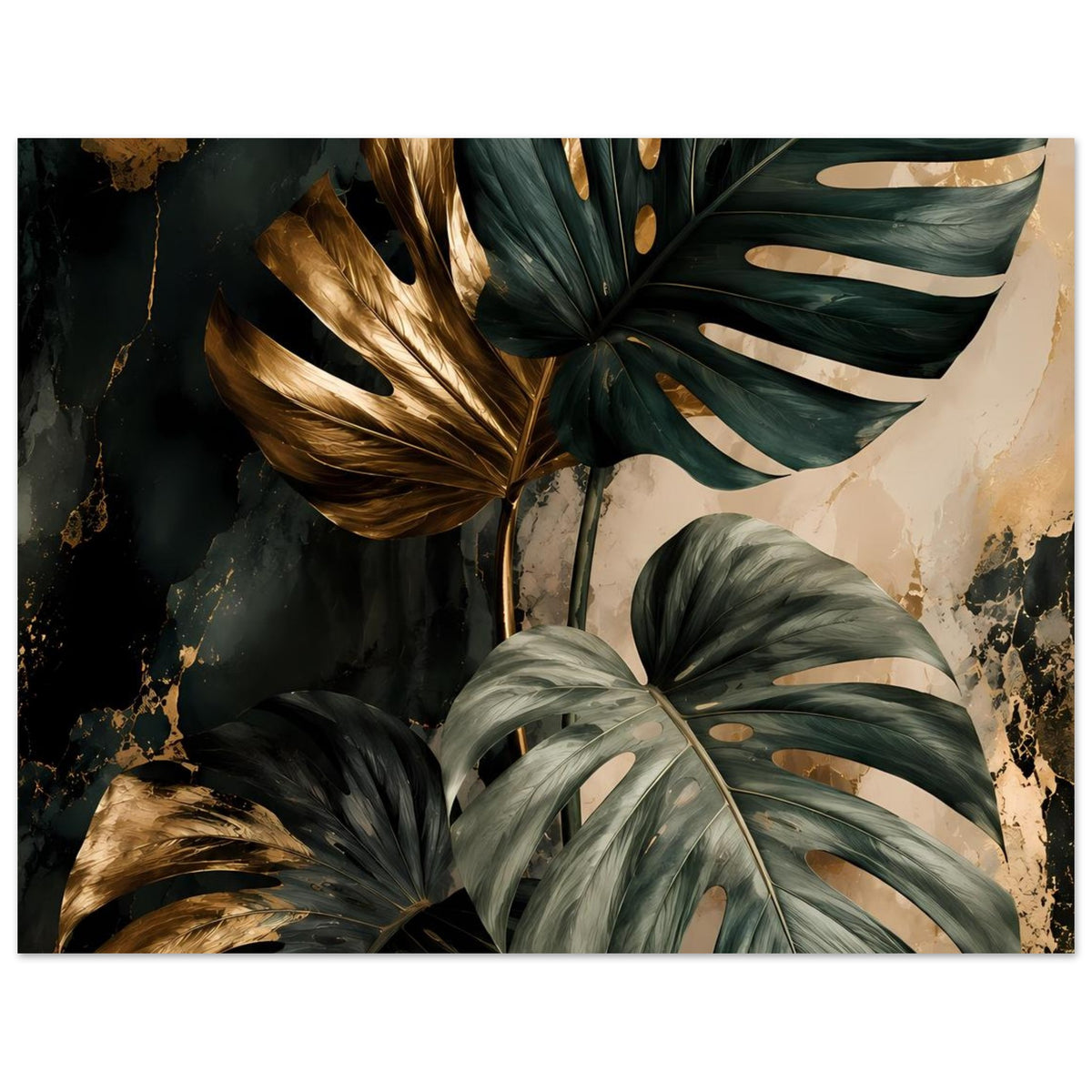 Poster mit Monstera-Blättern und goldenen Akzenten, unterer Motivbereich betont