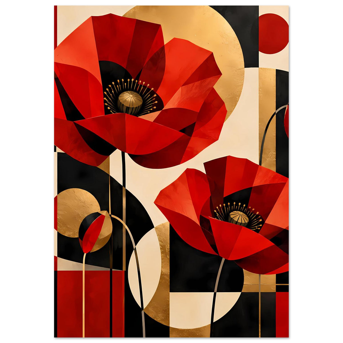 Kunstposter mit roten Mohnblumen, goldfarbenen Bögen und schwarzen Elementen