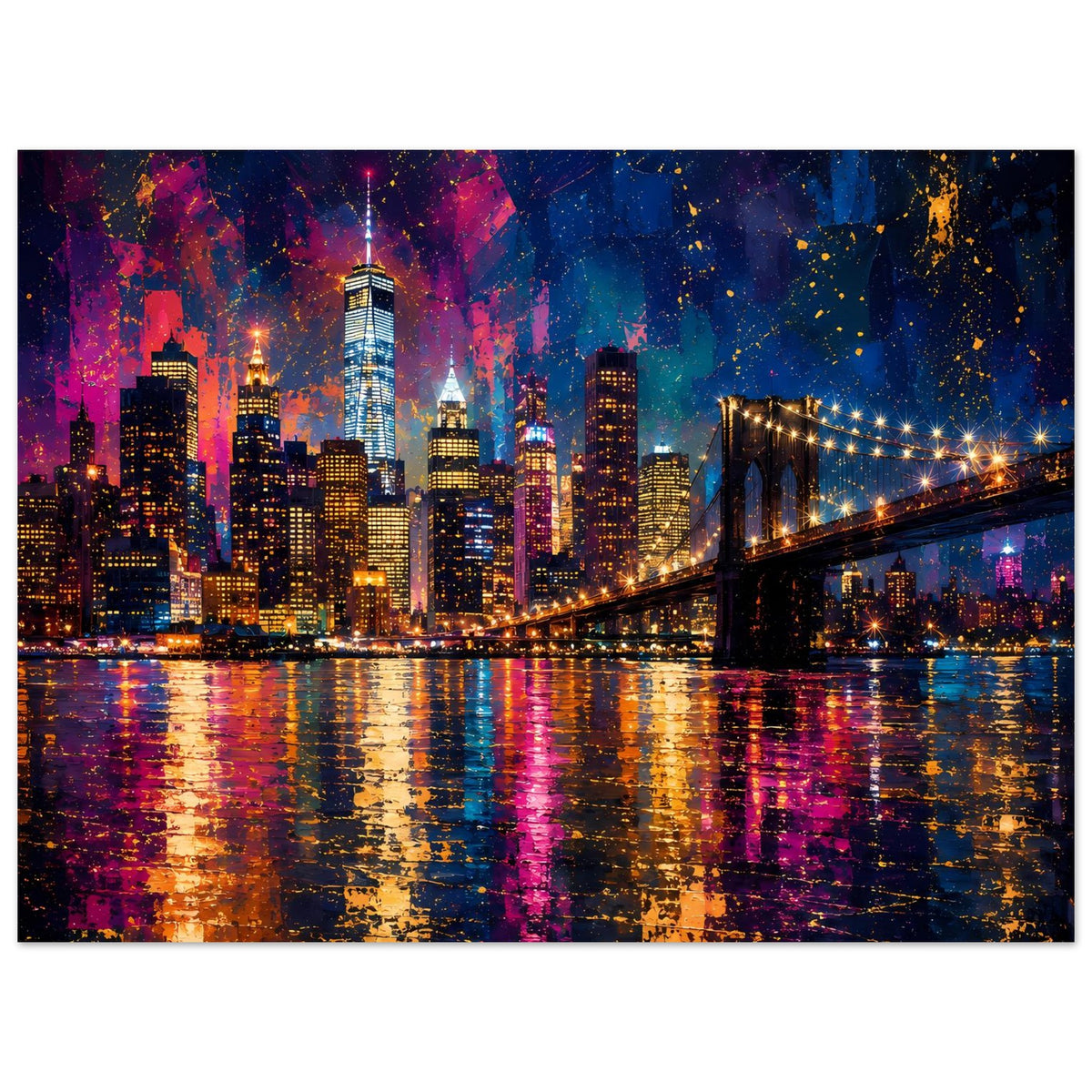 Neon-Stadtposter mit Skyline und beleuchteter Hängebrücke über spiegelndem Wasser bei Nacht