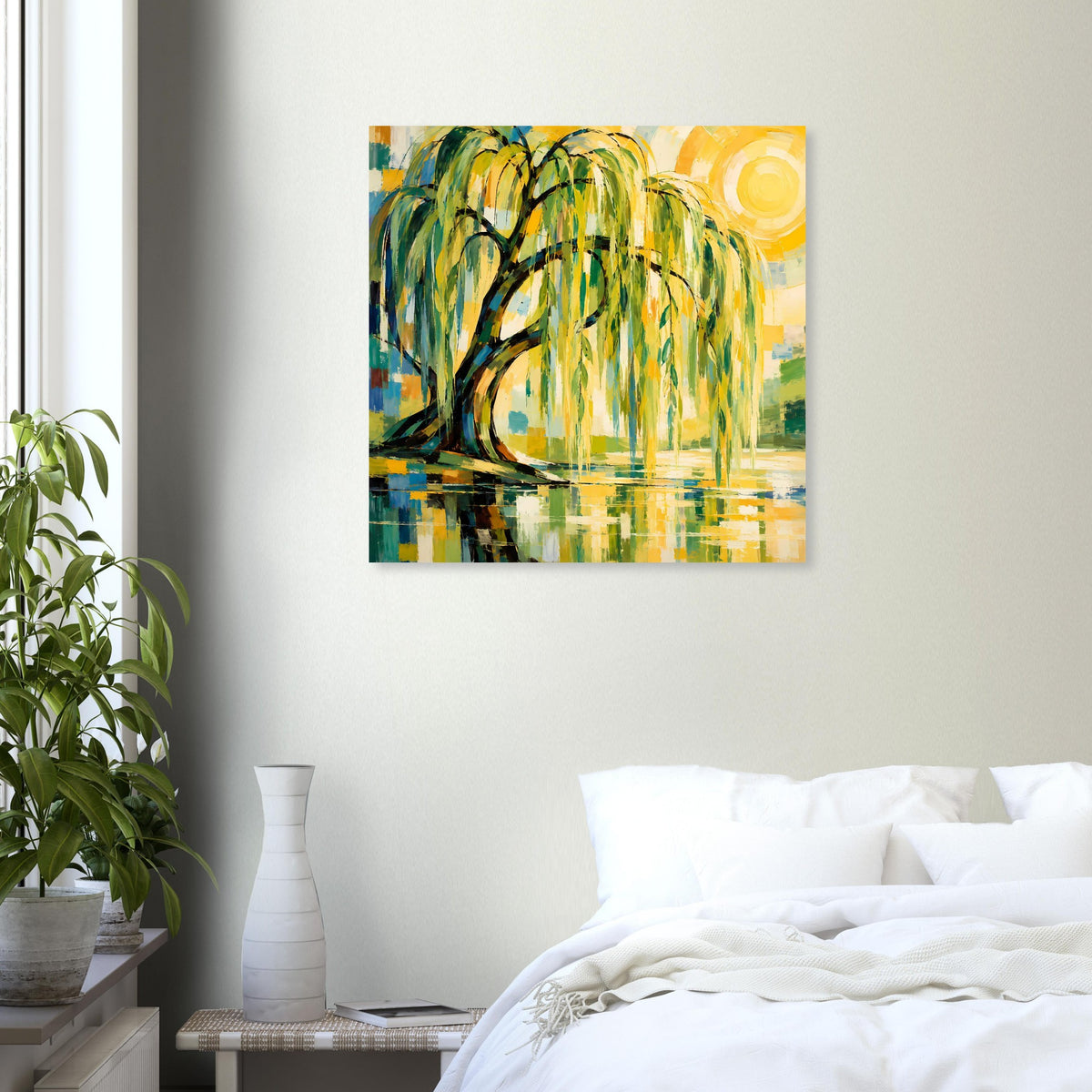 Wandposter mit abstraktem Weidenbaum und Spiegelung, grünes Blattwerk, gelber Sonnenhintergrund, quadratisch