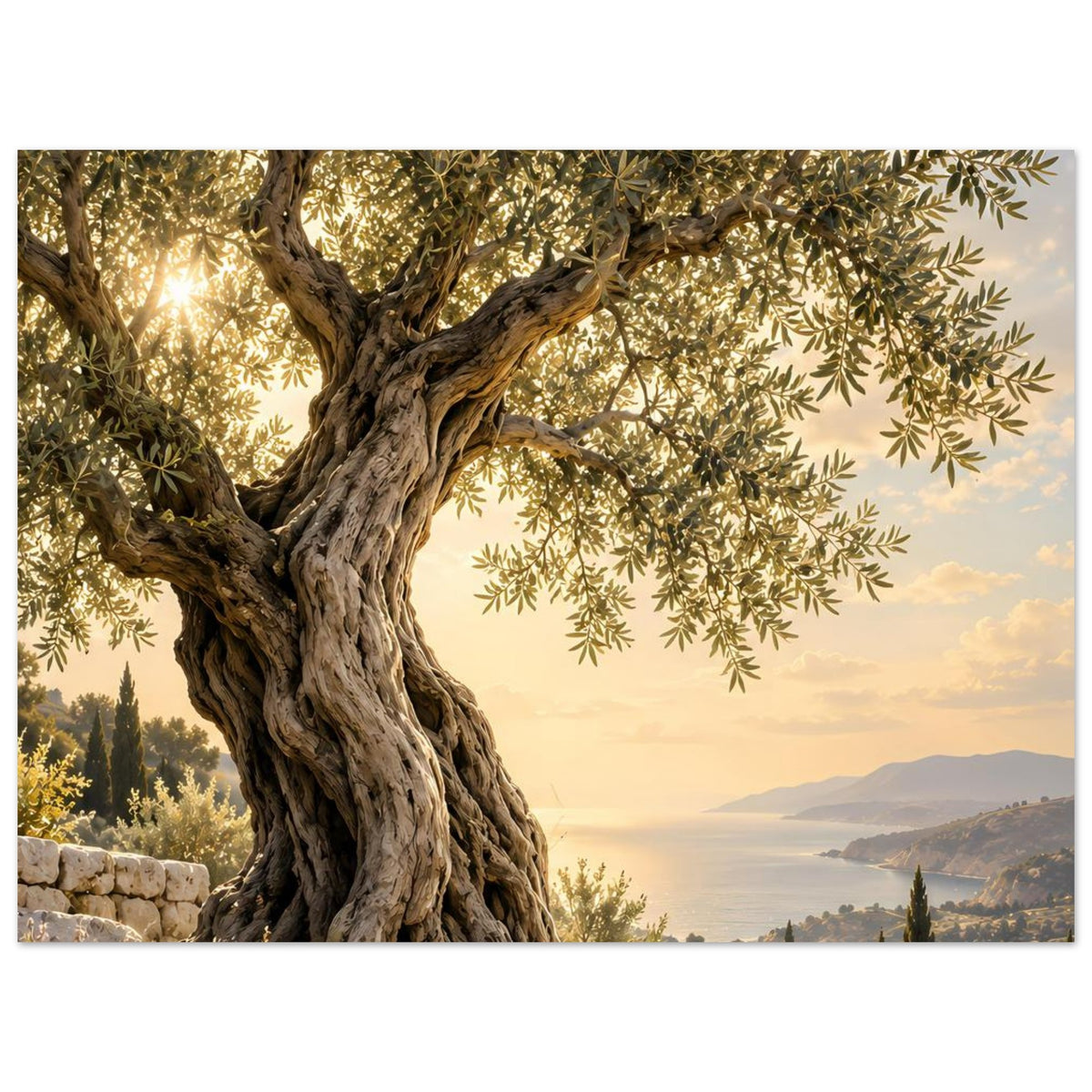 Fotoposter mit Olivenbaumstamm, Blättern im Vordergrund und weiter Küstenlandschaft