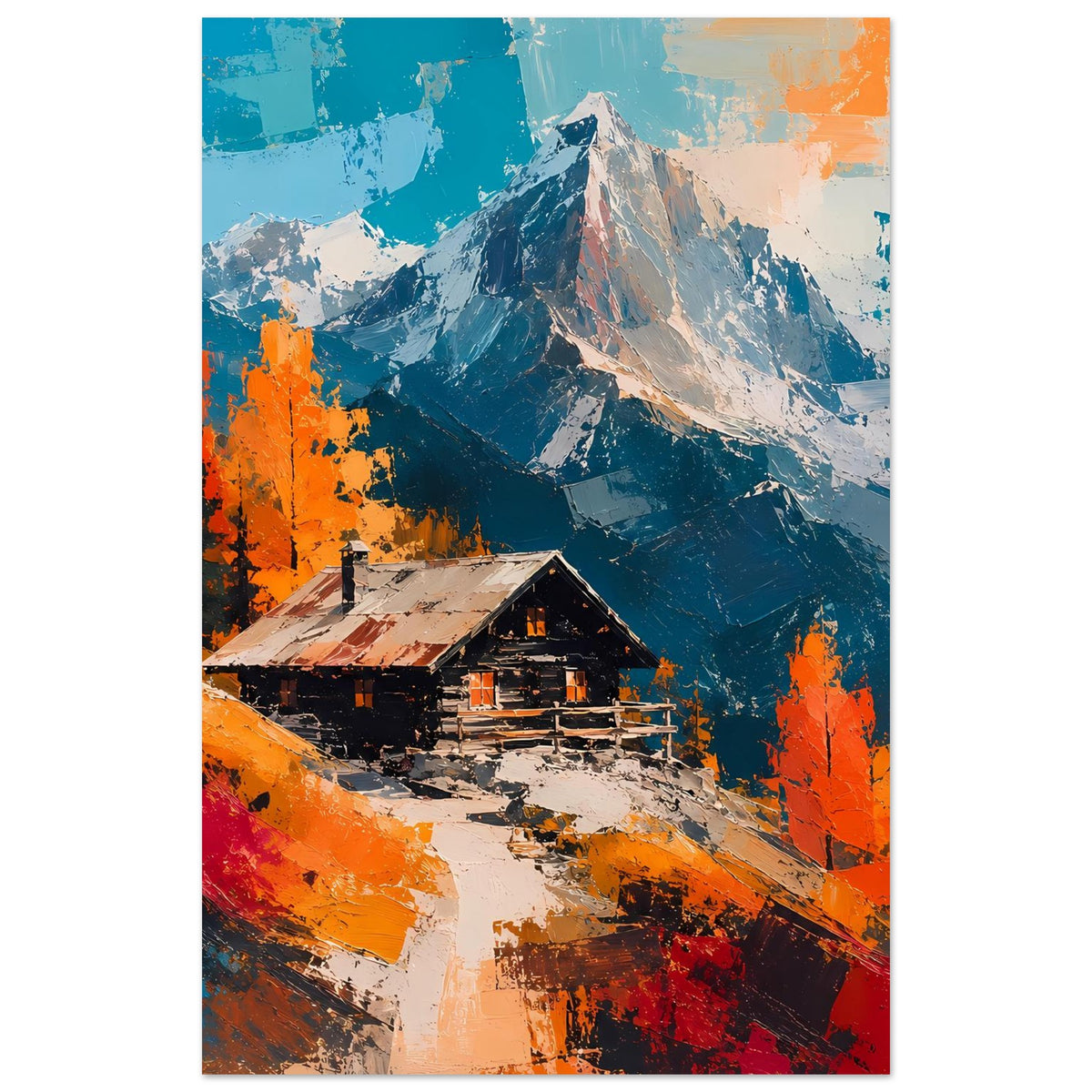 Vertikales Wandposter mit Berghütte im Gebirge, orangefarbener Baumstreifen und Schnee