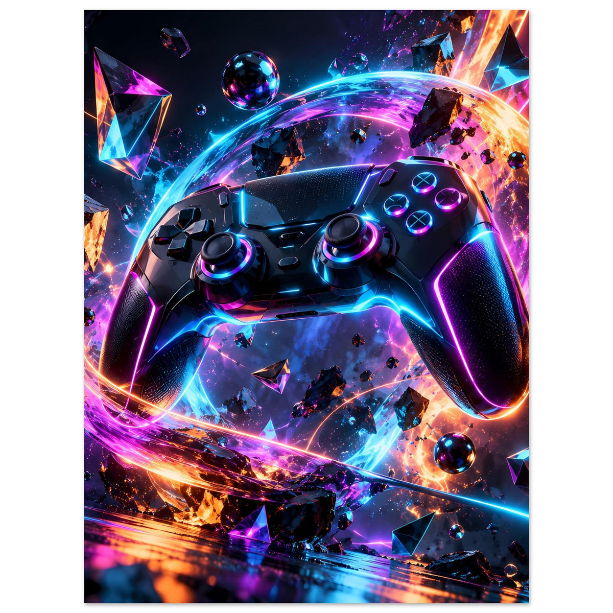 Hochformatiges Poster: Neon-Gaming-Controller mit futuristischen Lichtlinien und Partikeln