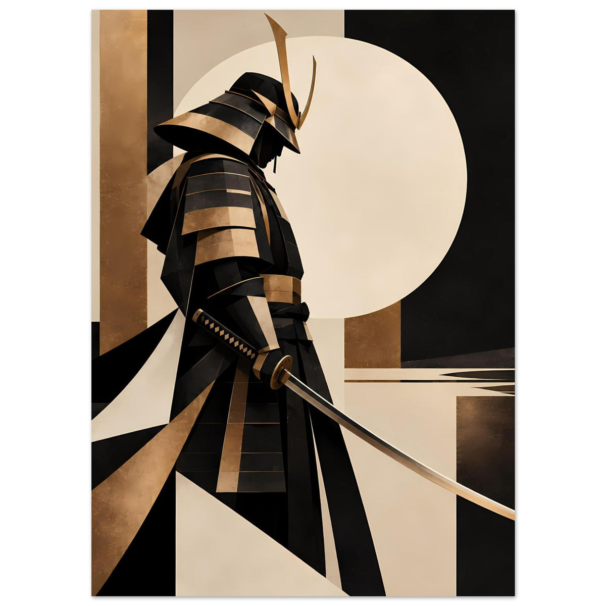 Kunstposter: Samurai-Schattenfigur in dunklen Streifen, goldene Details und gezackte Rüstung