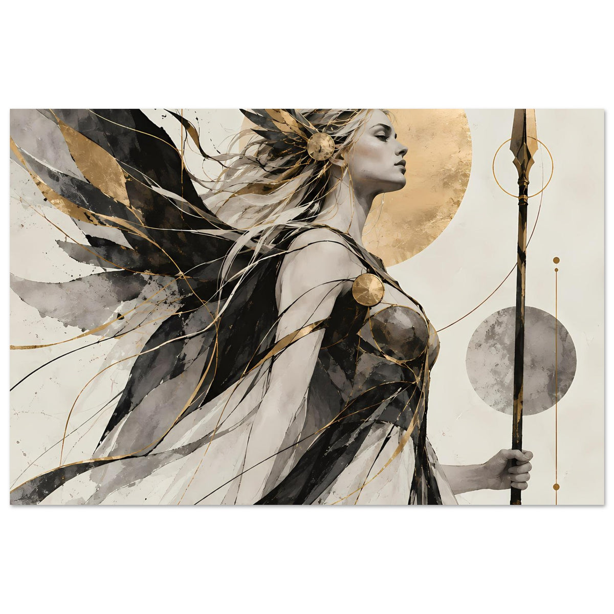 Querformat-Kunstposter mit Kriegerin im Profil, Speer seitlich, schwarze Pinselstriche und Gold.