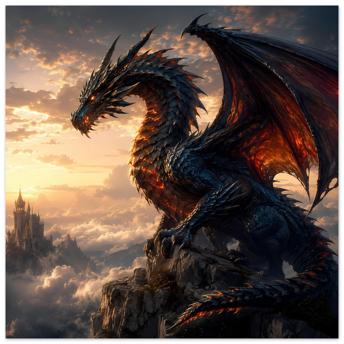 Drachenfantasy-Poster: ganzer Drache auf Felsklotz, blaue Schuppen und rote Feuerflügel