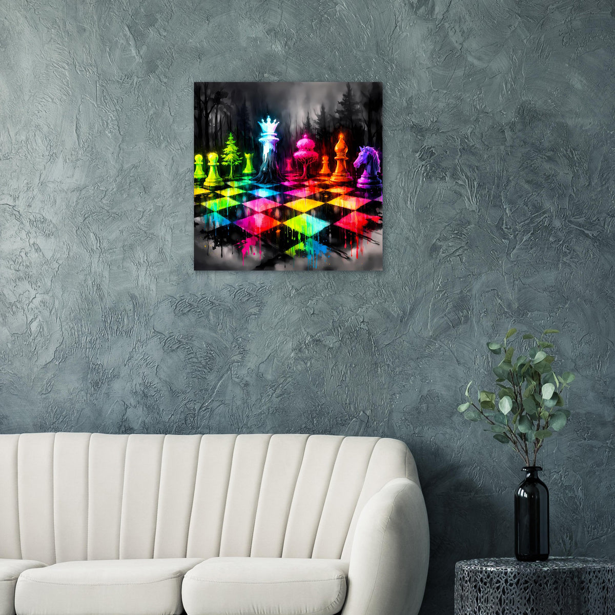 Quadratisches Schachspiel-Poster mit leuchtenden Neonfiguren und Regenbogen-Schachbrett