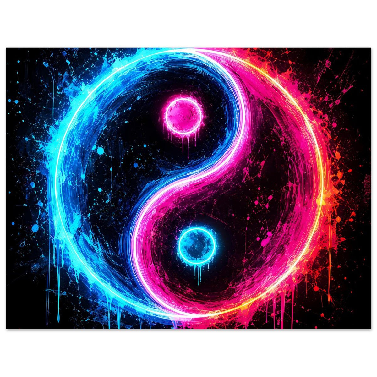 Breites Poster mit Yin-Yang-Symbol in Neonblau und Neonpink, leuchtende Umrandung