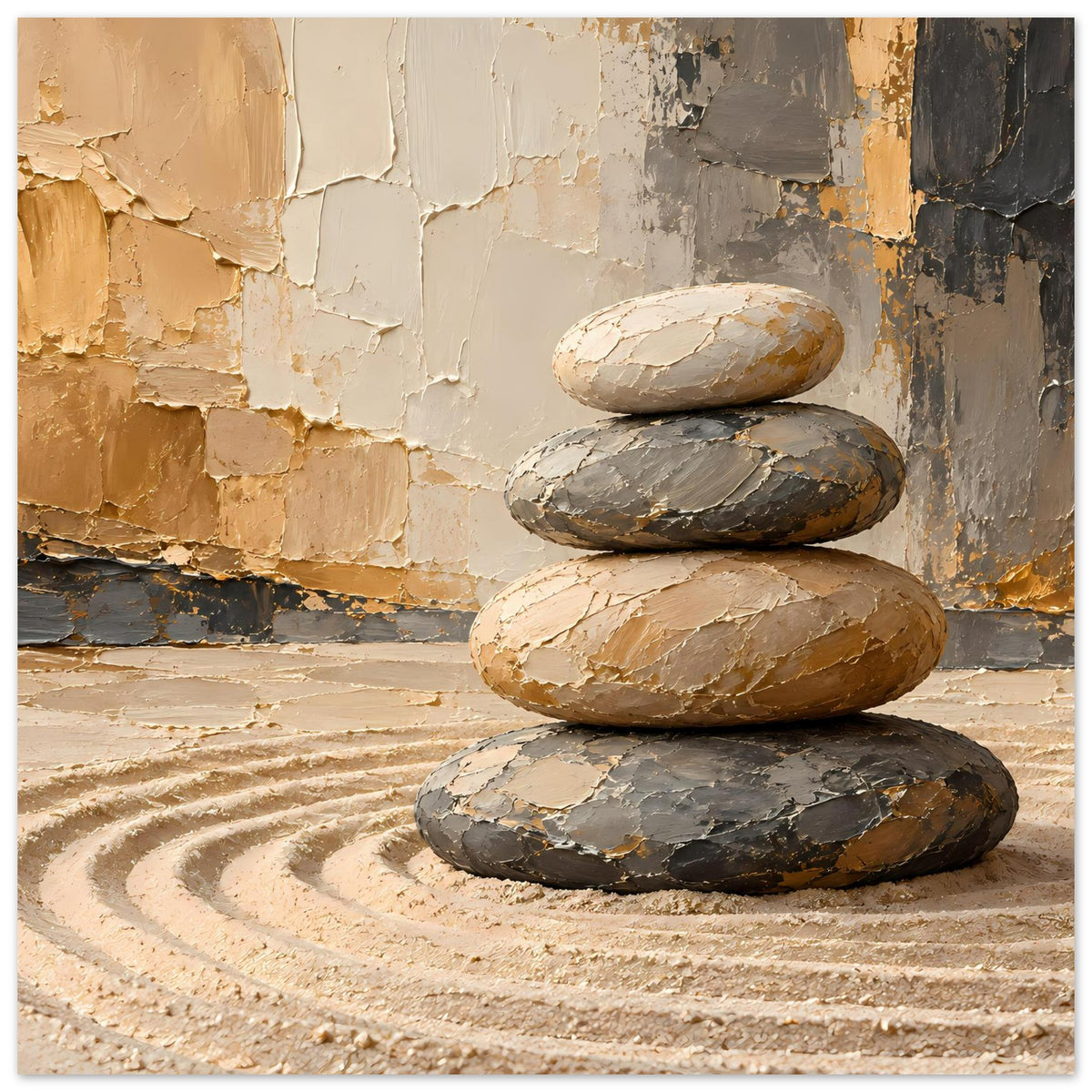 Zen-Poster mit Stapel aus vier Flachsteinen in warmen Erdtönen auf Steinboden