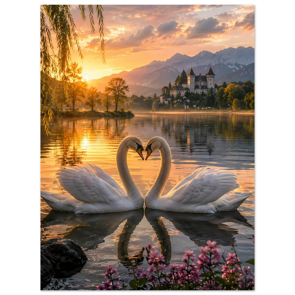 Poster: Zwei weiße Schwäne bilden ein Herz auf dem Wasser, mit rosafarbenen Blüten