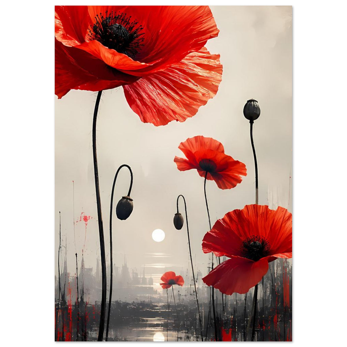 Abstraktes Blumenposter: rote Mohnblüten mit schwarzen Stielen, mehrere Blüten in Szene