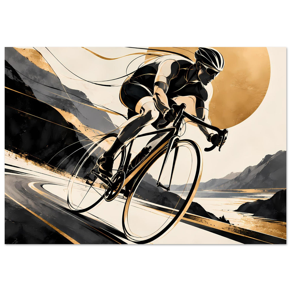 Sportposter im Querformat mit Radfahrer in Schwarz-Gold, dynamische Linienführung