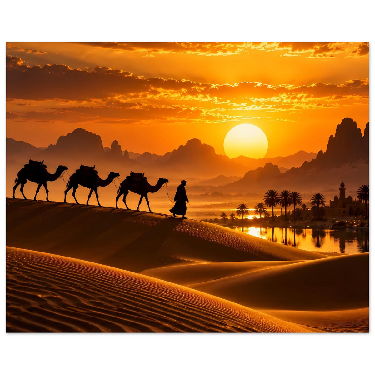 Premium-Poster: Horizontales Wüstenbild mit Kamelen, Reiter und großer Sonne am Abendhimmel