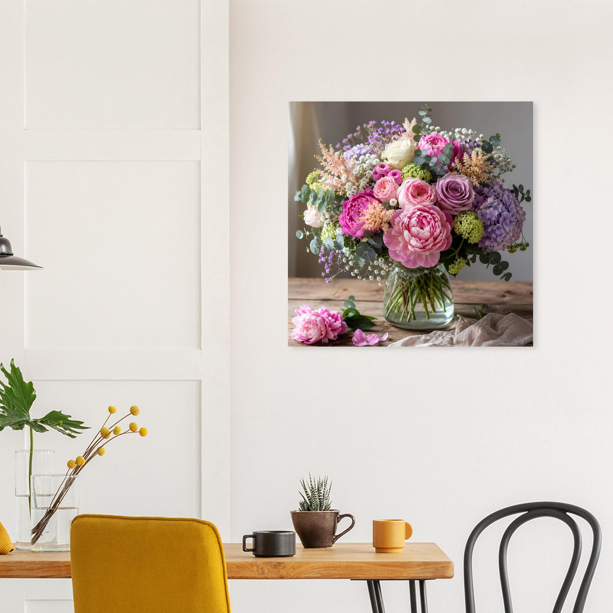 Florales Blumenposter mit Blumenstrauß in Vase, Pastellfarben in Pink, Lila und Grün