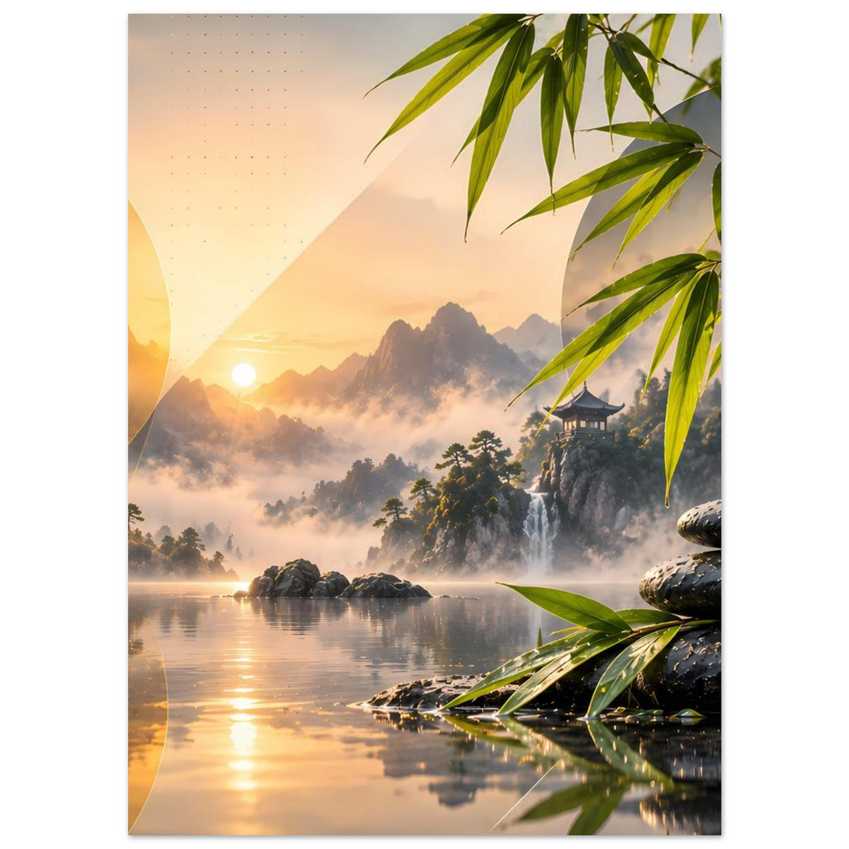 Vertikales Poster mit Bambusblättern oben rechts, See im Morgenlicht, Berge und Steine