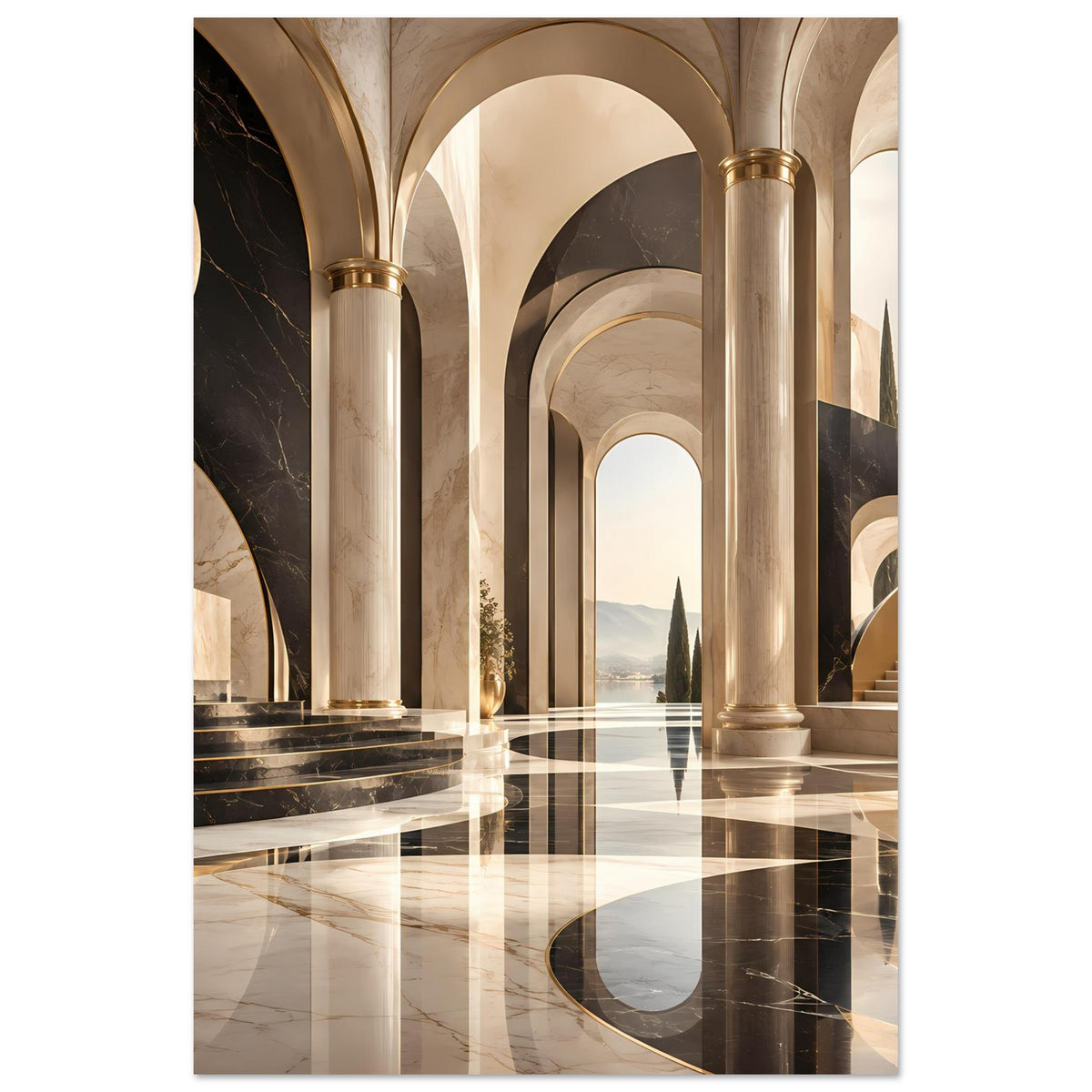 Architekturposter im Hochformat: goldene Säulen, Rundbögen und Marmorboden