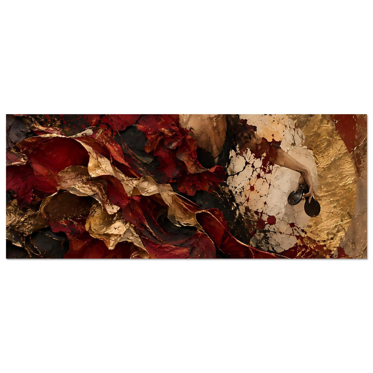 Horizontales Wandkunstposter: Ausschnitt mit rotem Kleid, goldener Textur und schwarzem Ohrring