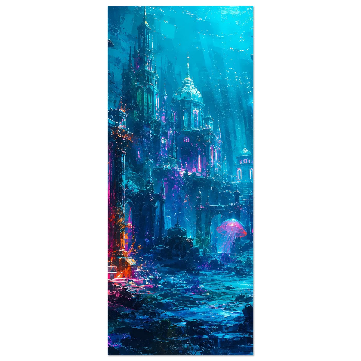 Vertikales Unterwasser-Fantasy-Poster mit versunkener Stadt und leuchtenden Quallen
