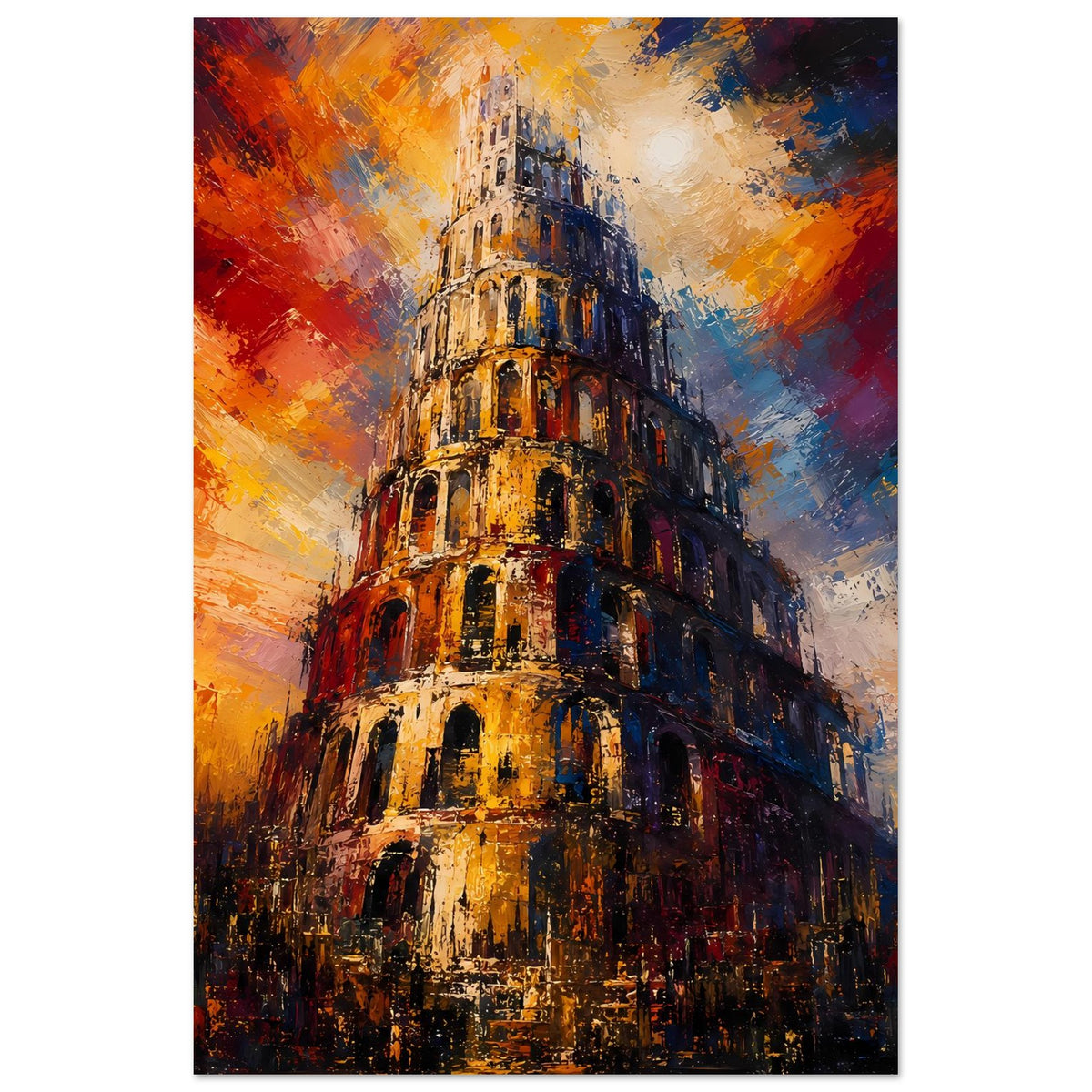 Poster im Hochformat: Turm von Babel mit goldenen Linien und dunklem Blau im Farbauftrag.