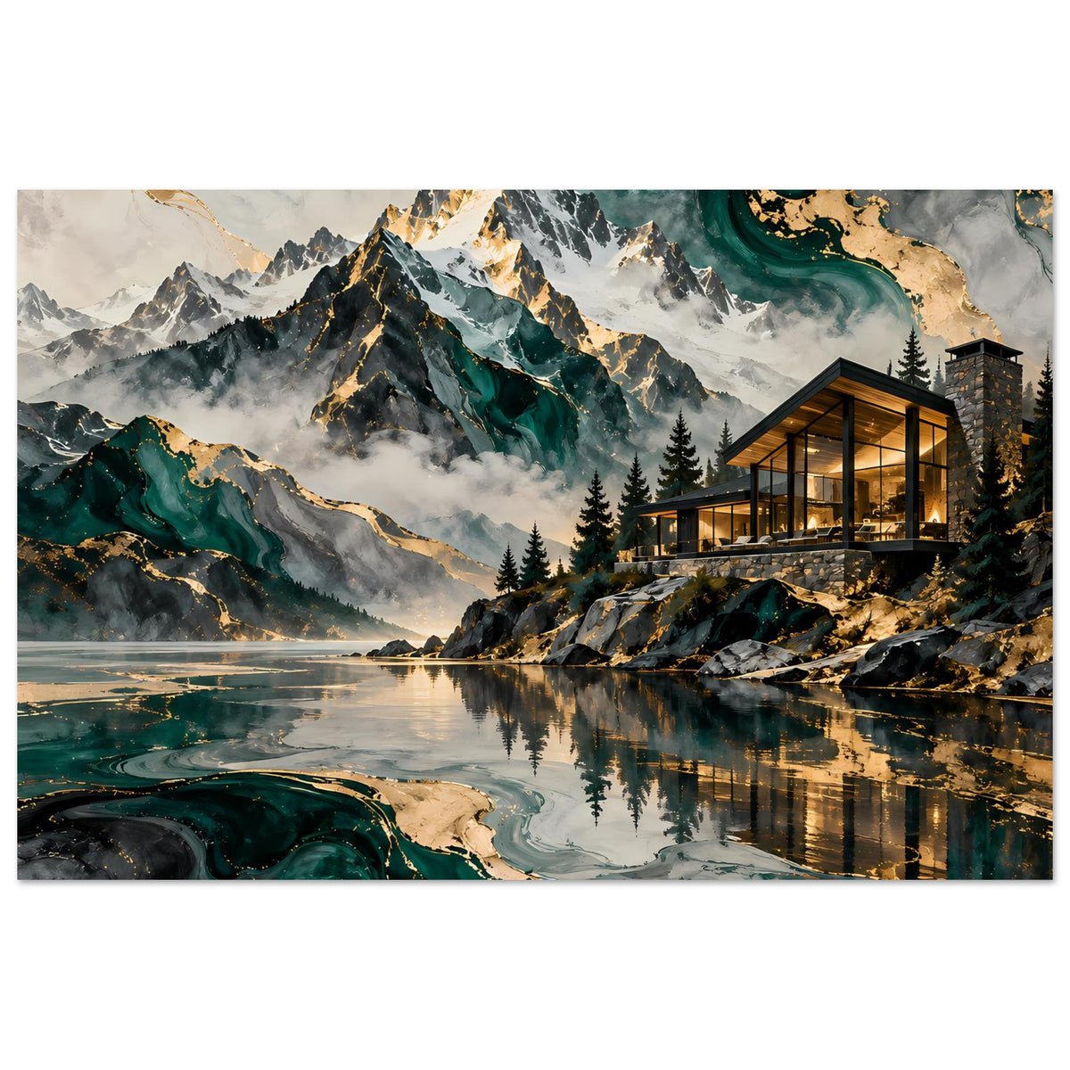 Poster mit Bergsee, grünen Wasserwirbeln und goldumrandeten Konturen am Ufer