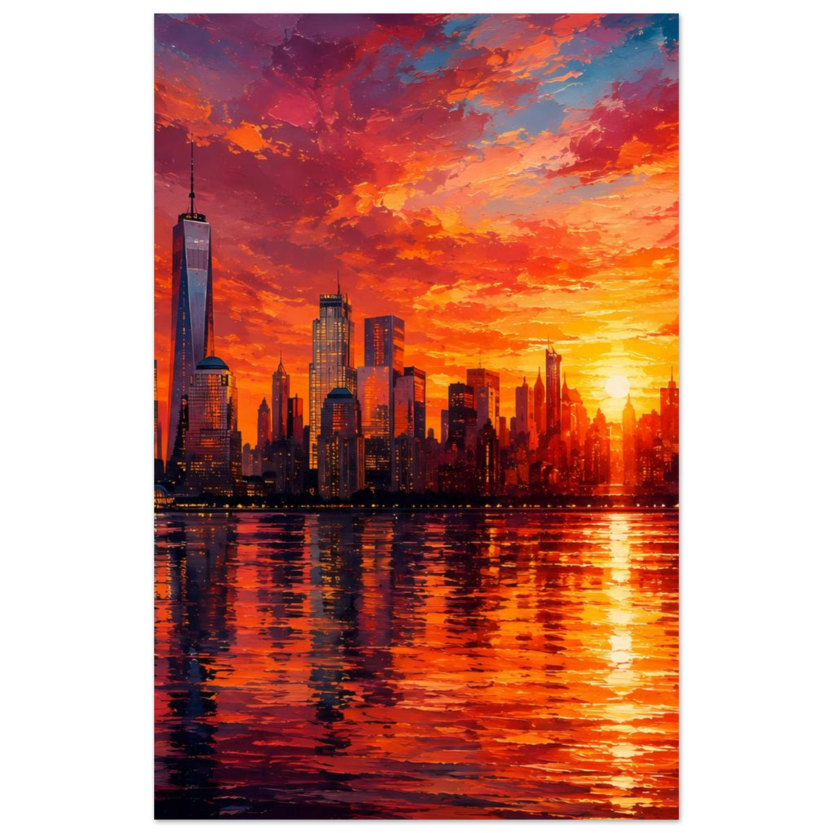 Poster im Hochformat mit New York Skyline und One World Trade Center im orange-roten Himmel
