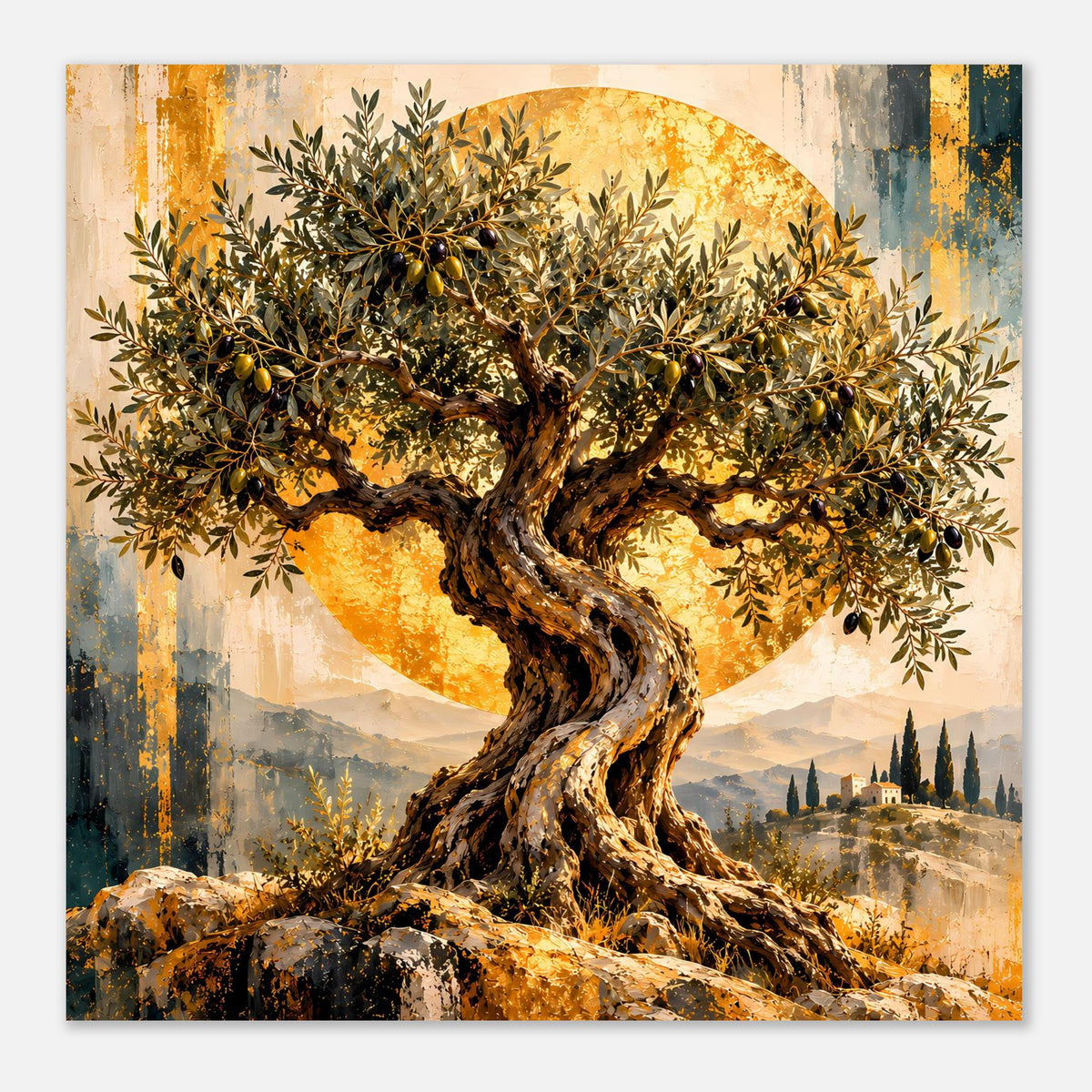 Olivenbaum-Poster (querformat) mit goldfarbenem Laub, warmem Sonnenkreis und Berglandschaft