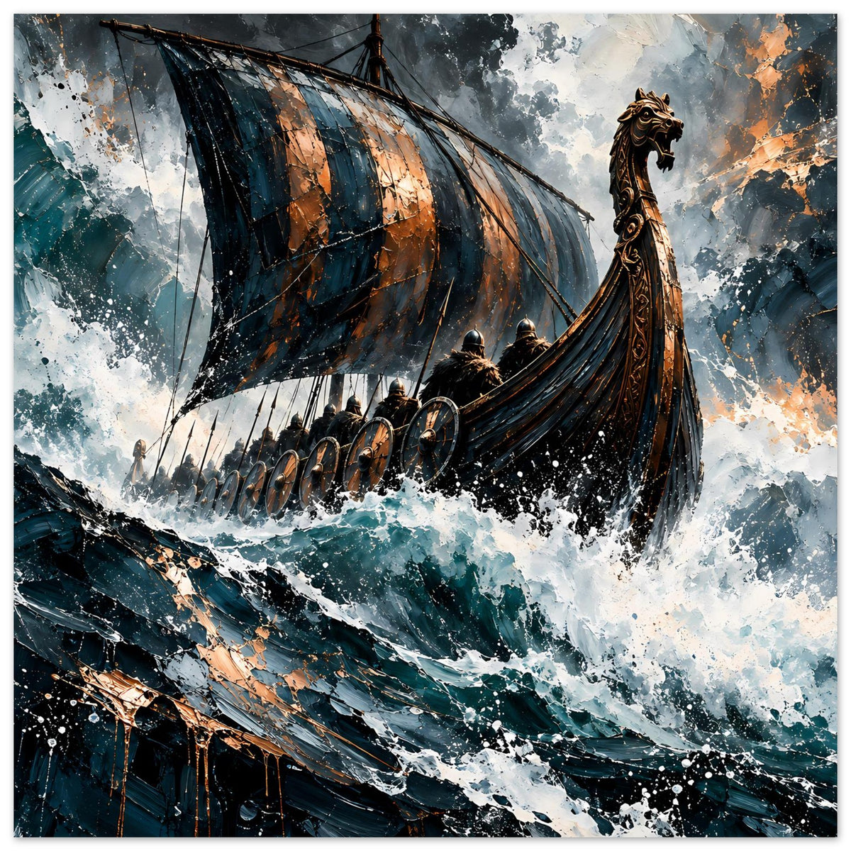 Poster mit Wikinger-Langschiff im Seegang, großen Segeln, Drachenkopf am Bug, Gischt