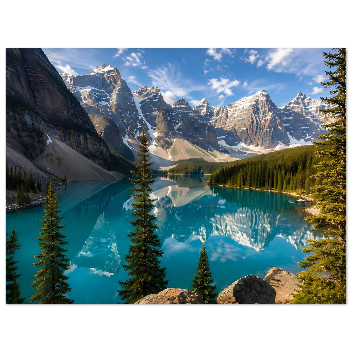 Poster mit Bergsee: türkisblaues Wasser, Fichten und schneebedeckte Berge