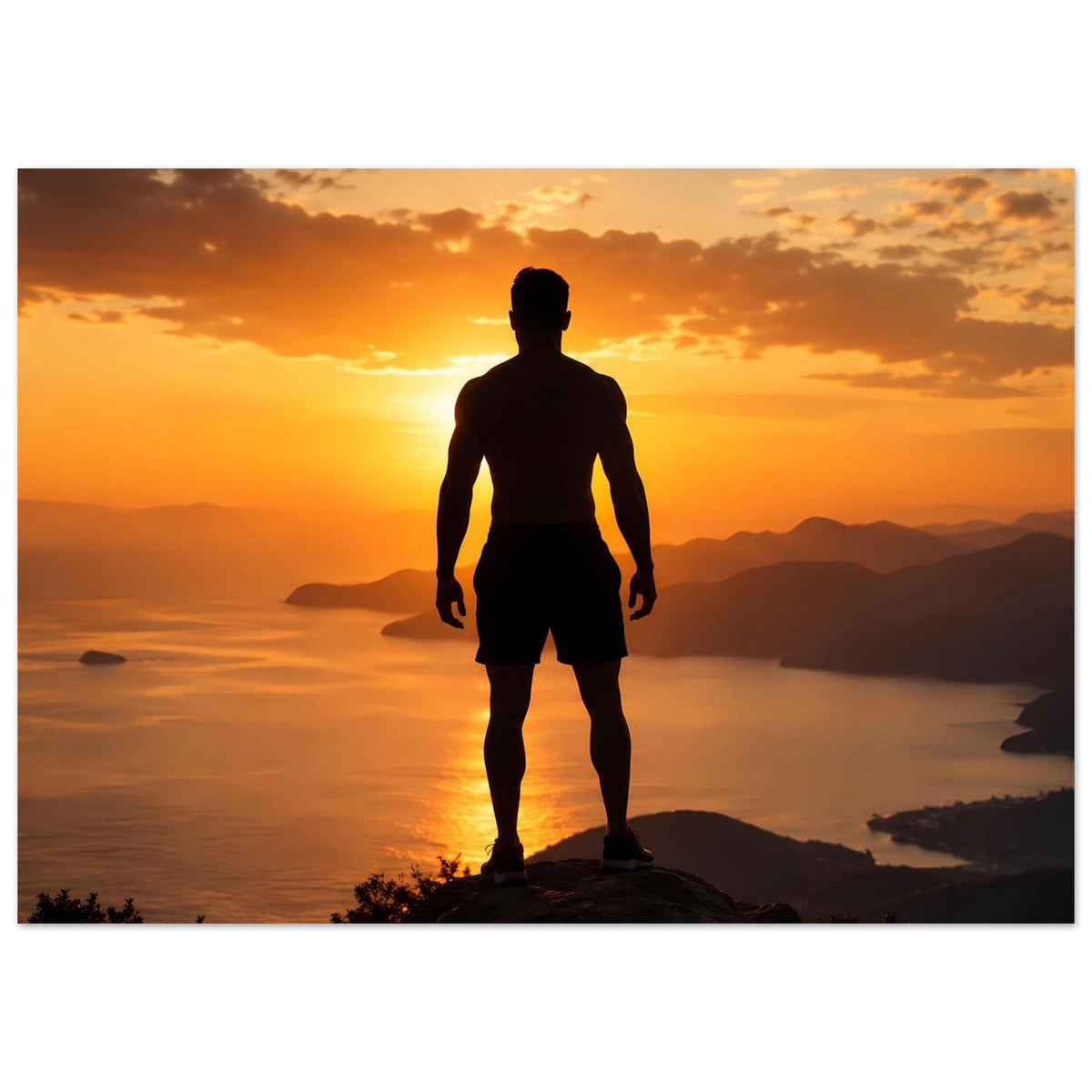 Sonnenuntergangs-Poster, Querformat mit Silhouette eines Mannes am Seeufer auf Fels