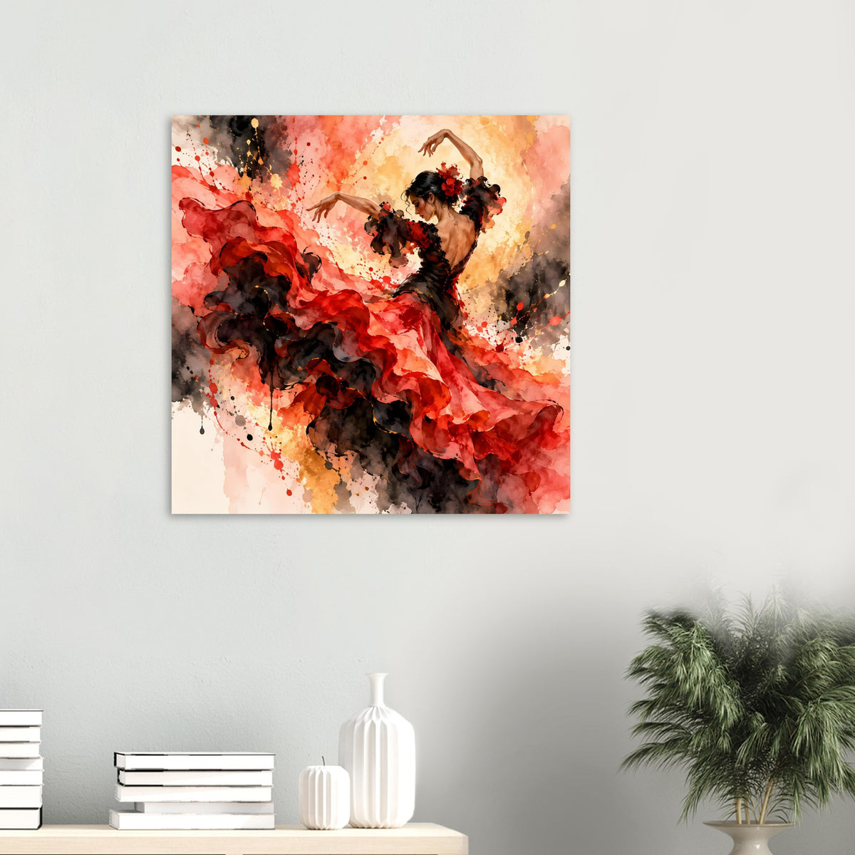 Kleines quadratisches Tanzposter: Flamenco-Tänzerin in rotem und schwarzem Kleid