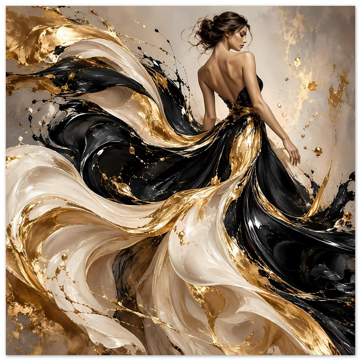 Kunstposter mit abstrakten Wirbeln in Schwarz, Gold und Elfenbein, Frau im Vordergrund