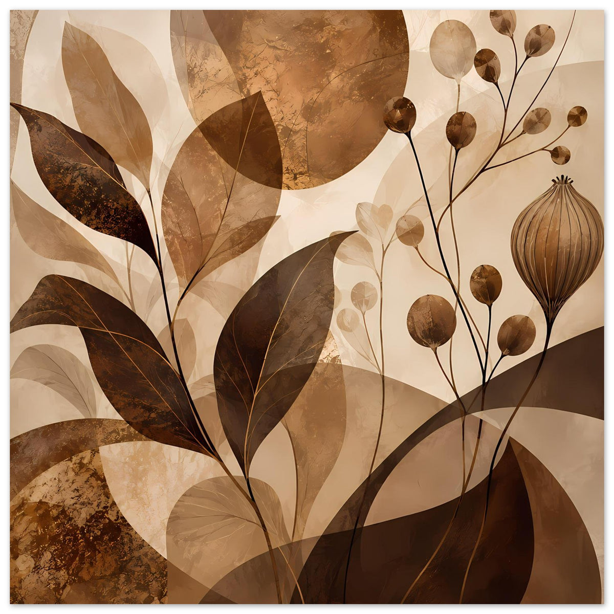 Blumenposter mit großen Blättern und kugelförmigen Blüten, warmes Braun- und Beigefarbdesign