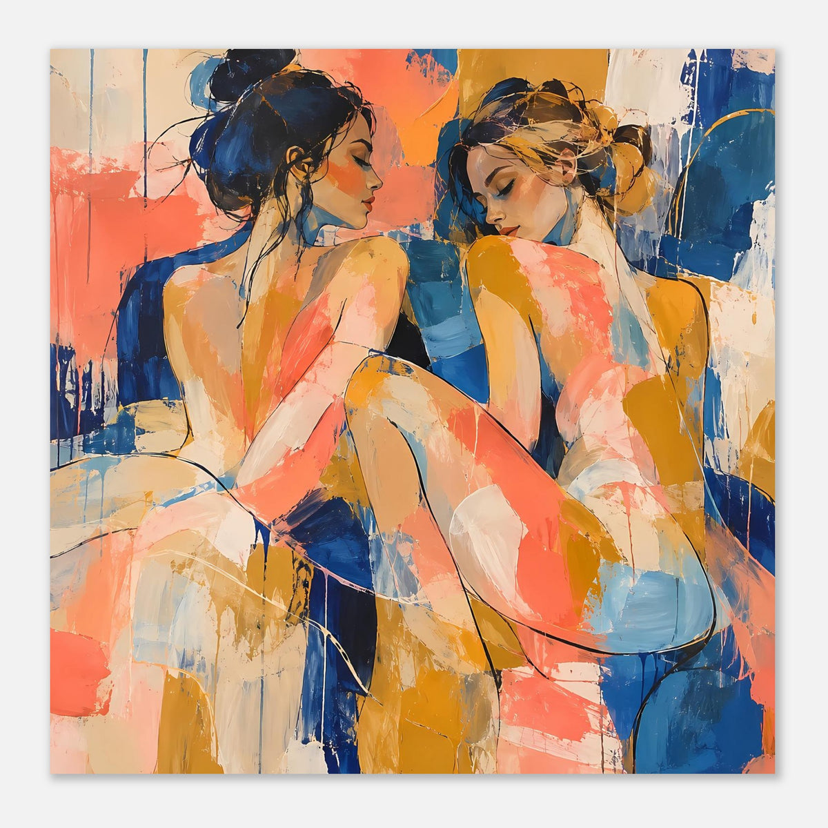 Abstraktes Kunstposter mit zwei Frauenfiguren, kräftige Blau- und Korallakzente, Hochformat
