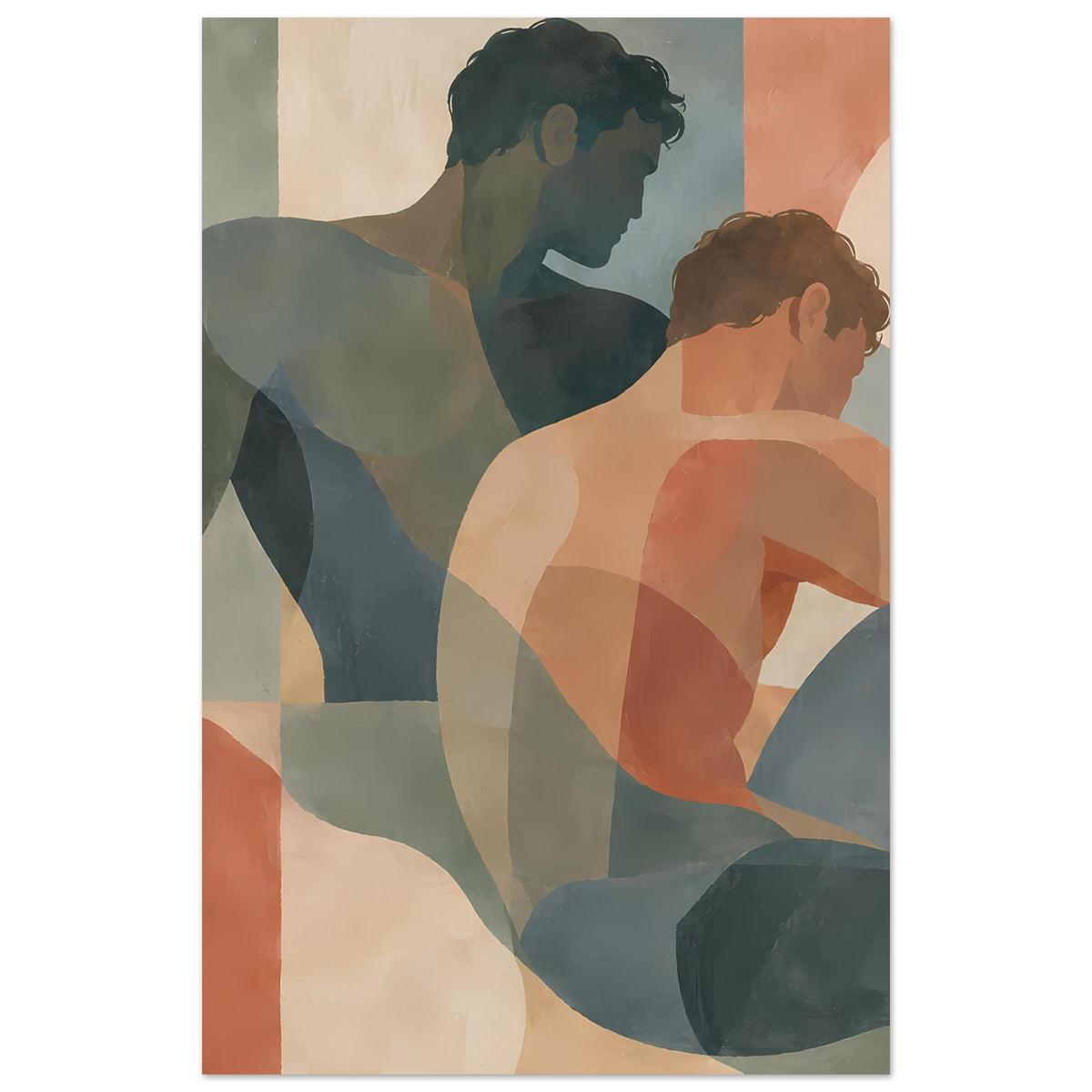 Kunstdruck im Hochformat: zwei Figuren in warmen Braun-, Beige- und Blautönen