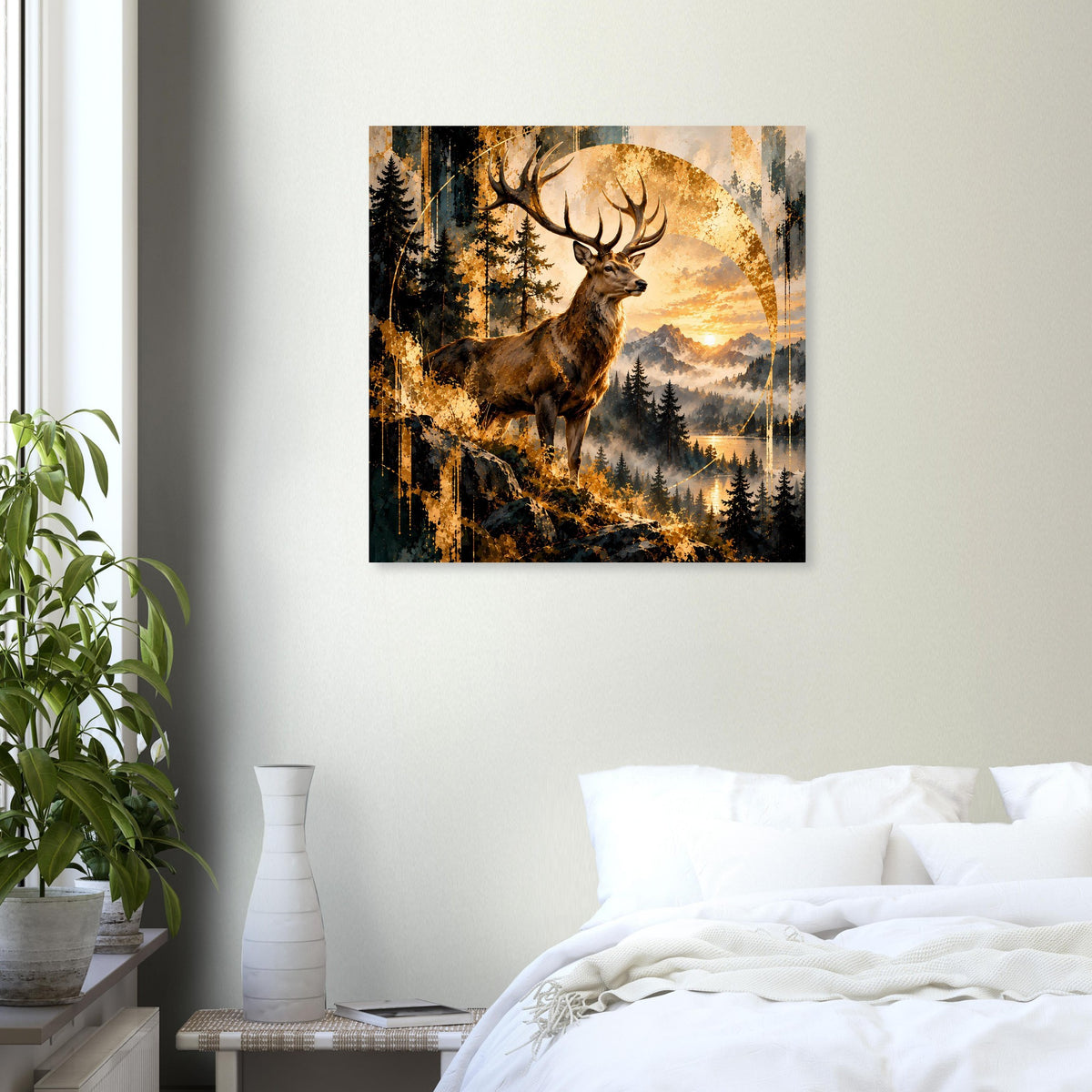 Poster mit Hirschgeweih im Wald, dramatischer Sonnenuntergang am Horizont