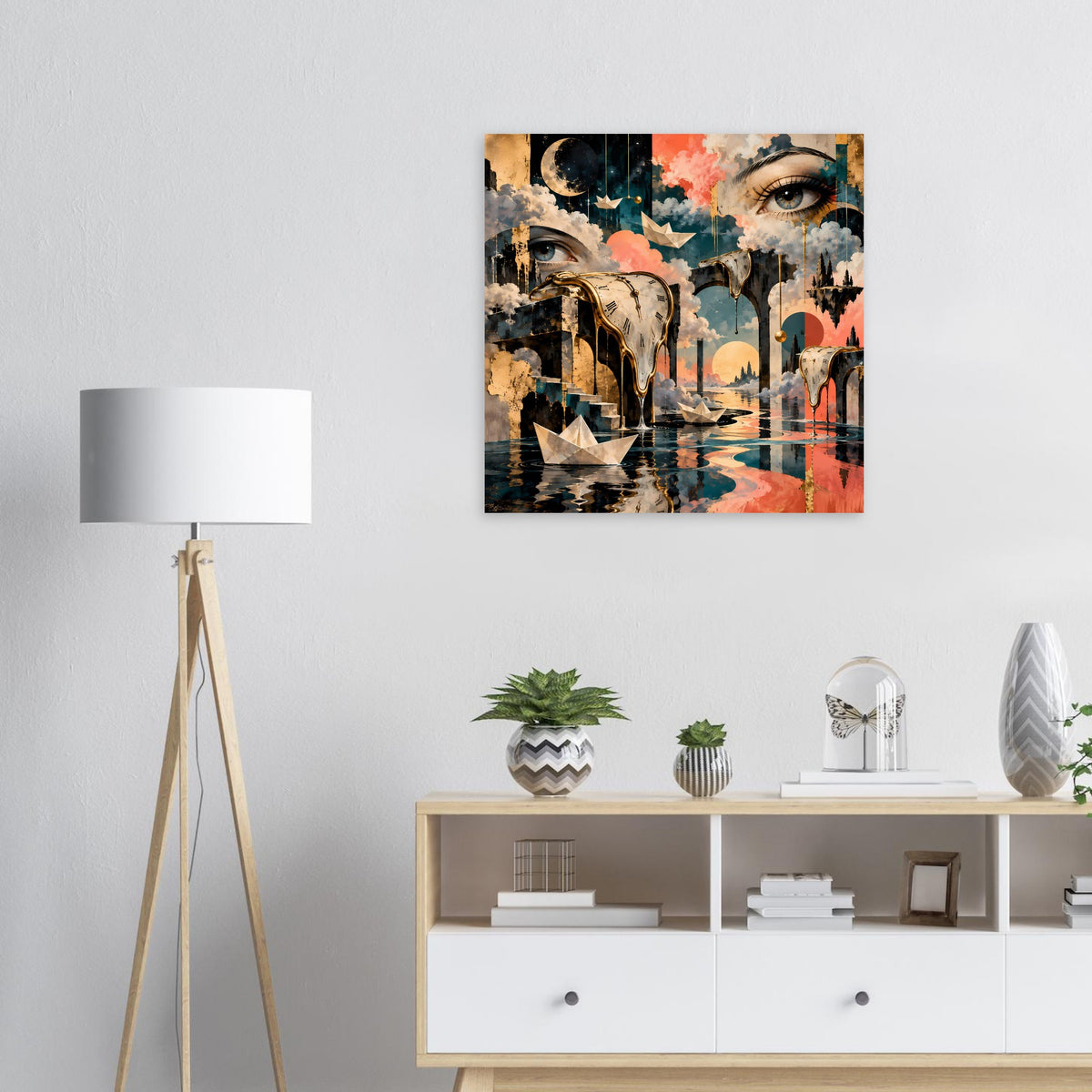 Quadratisches Surreal-Poster mit schmelzenden Uhren, großen Augen und farbigen Wolken