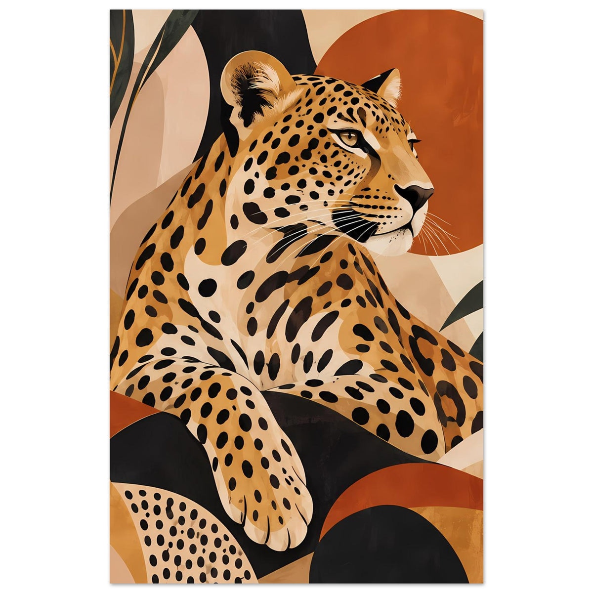 Leoparden-Tierposter: sitzender Leopard mit schwarzem Punktmuster und orangefarbenem Hintergrund