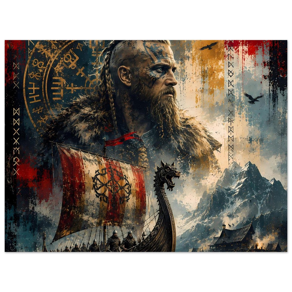 Wikinger-Legendenposter: Bartmann mit Fell, Flagge mit Symbolen und Drachenflügeln