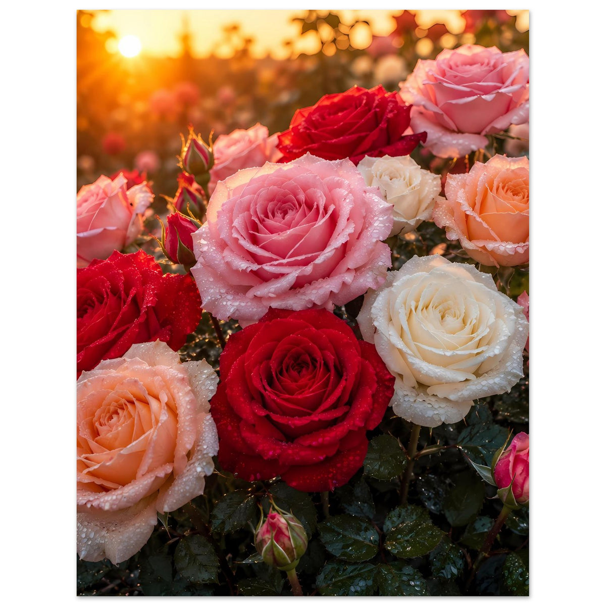 Poster mit großem Rosenkopf in Rosa, dazu Rot- und Cremeblüten, Blumenmotiv
