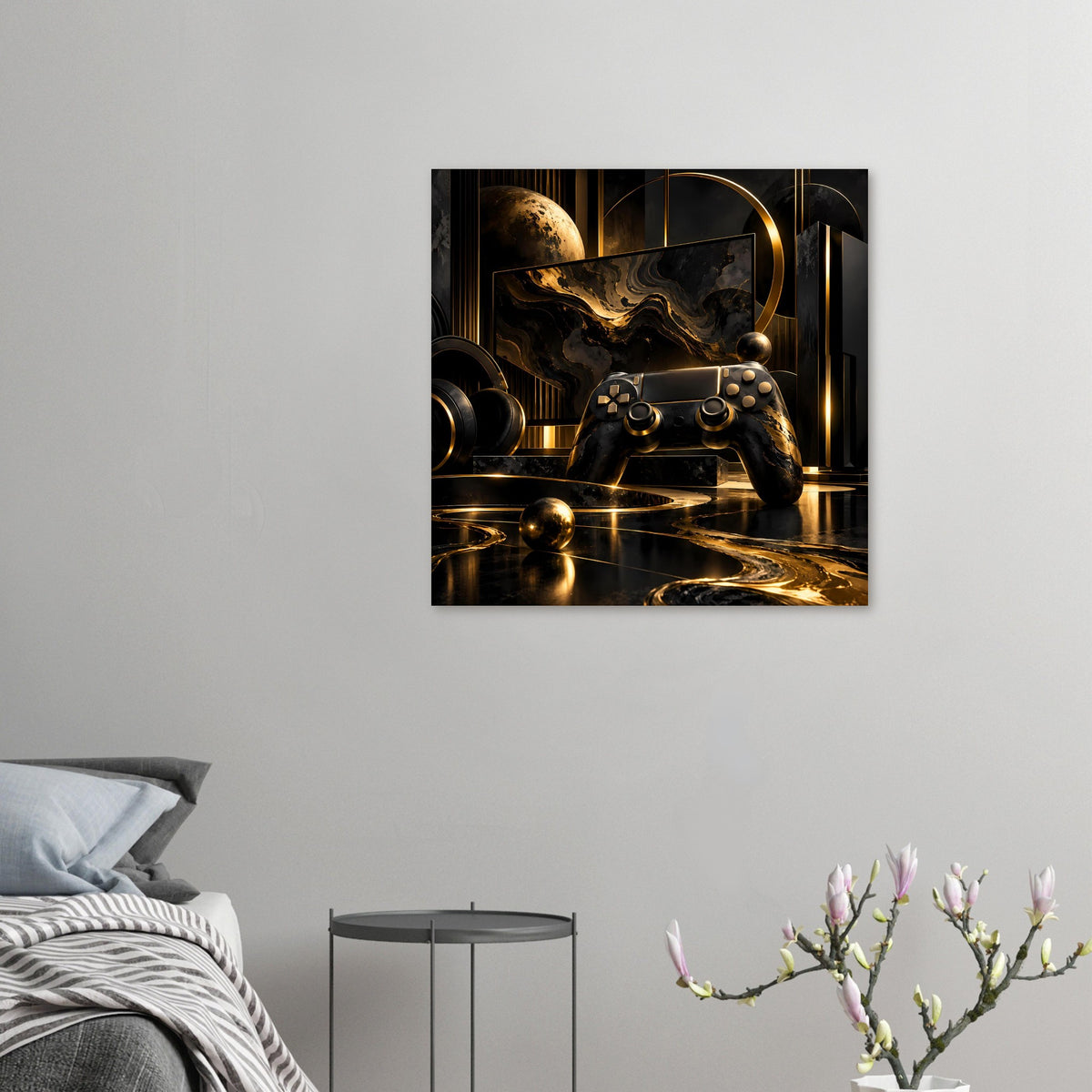 Kleines Gaming-Poster mit Gamecontroller, planetenartigem Ball und goldenen Reflexen auf Schwarz