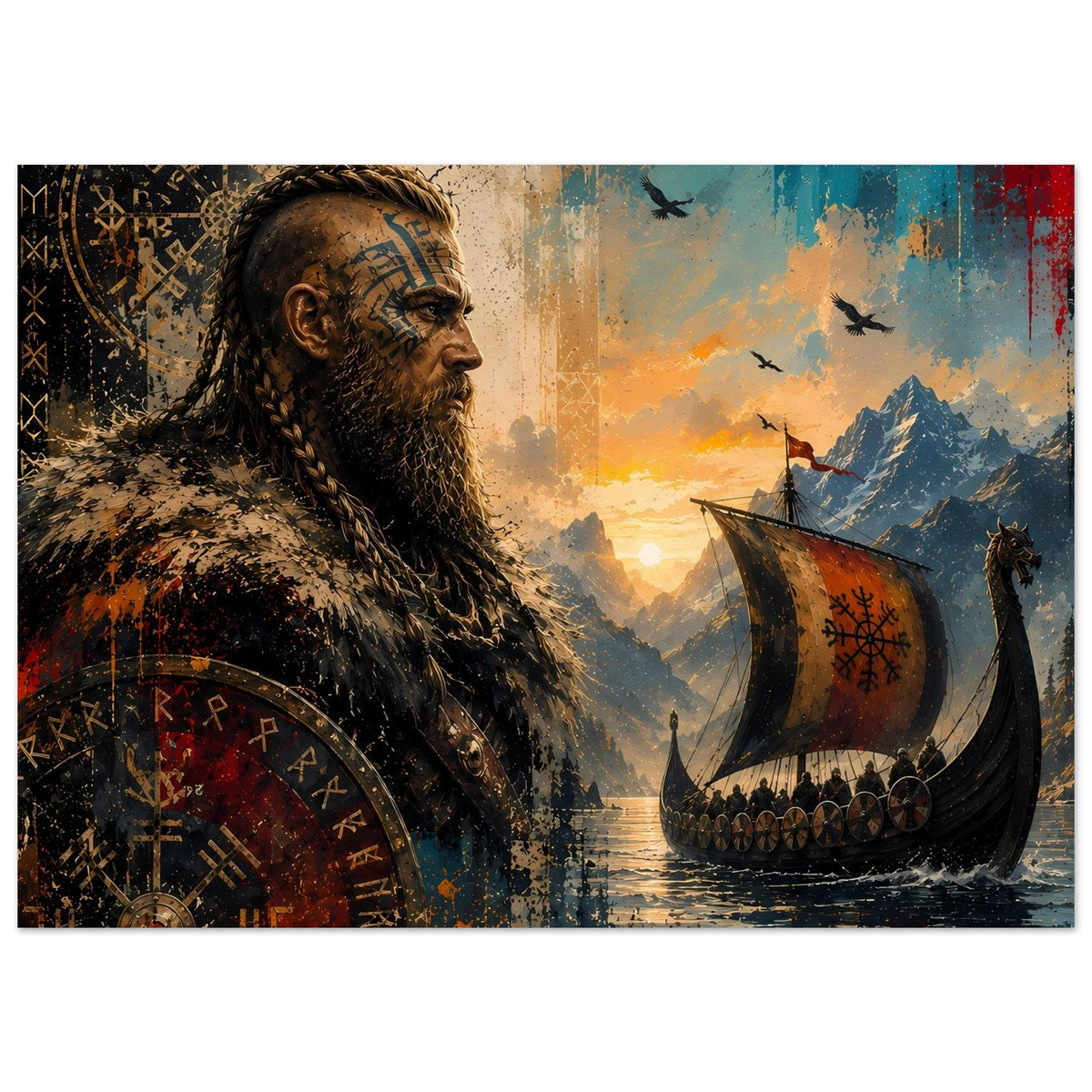 Saga-Poster: Wikingerkrieger mit Bart, Rundschild mit Zeichen, Langschiff im Sonnenlicht